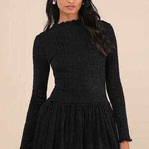 Approachably Adorable Black Ribbed Bubble-Hem Mini Dress